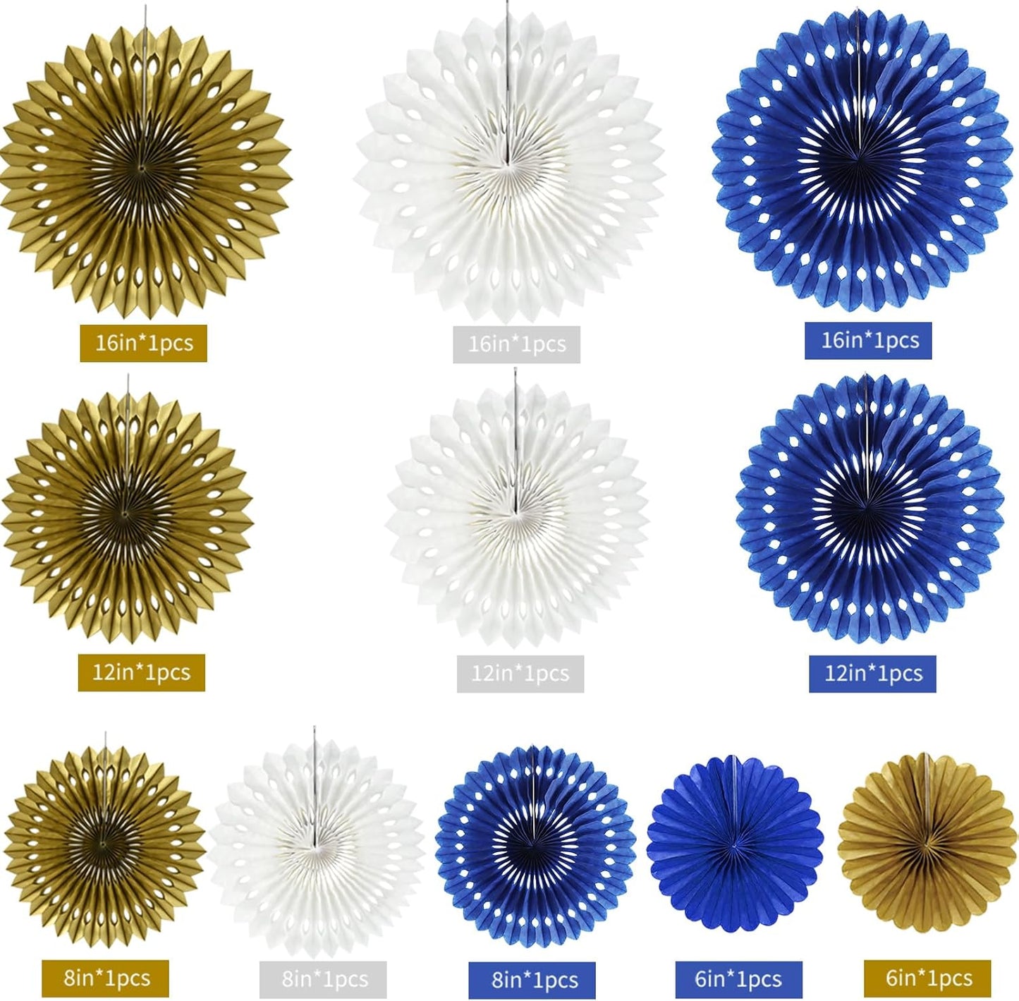 BEISHIDA Blue Gold White Hanging Honeycomb Round Paper Fans Decoration Set for New Year Baby Shower Birthday Wedding Bachelorette Photo Booth Backdrops Anniversary Paper Party Supplies（11packs）