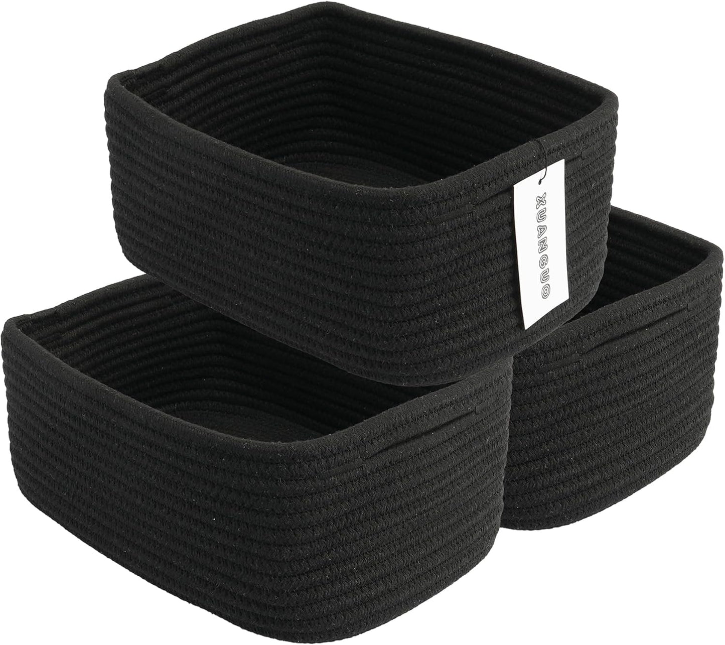 Small Woven Storage Baskets 12“X8”X5“ Decorative Rope Bins for Organizing Shelves, Closets, and Toys, Empty Gift Baskets, Cute Organizer Basket for Home and Office (black, regular)
