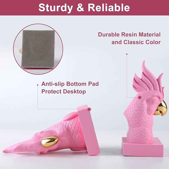 Pink Parrot Decorative Bookends,Set of 2 Cute Bird Animal Sculpture Book Ends to Hold Hevay Duty Books,Unique Resin Statues Book Stopper for Home Office Desk Bookshelf Decor