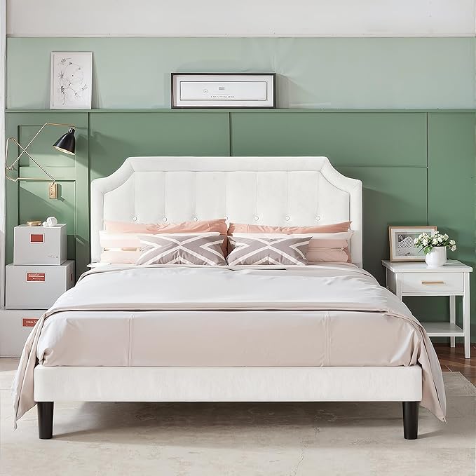 VECELO Queen Size Bed Frame with Velvet Upholstered Headboard, Platform Bedframe Mattress Foundation, Sturdy Wooden Slats Support,No Box Spring Needed Noise Free/Easy Assembly, White