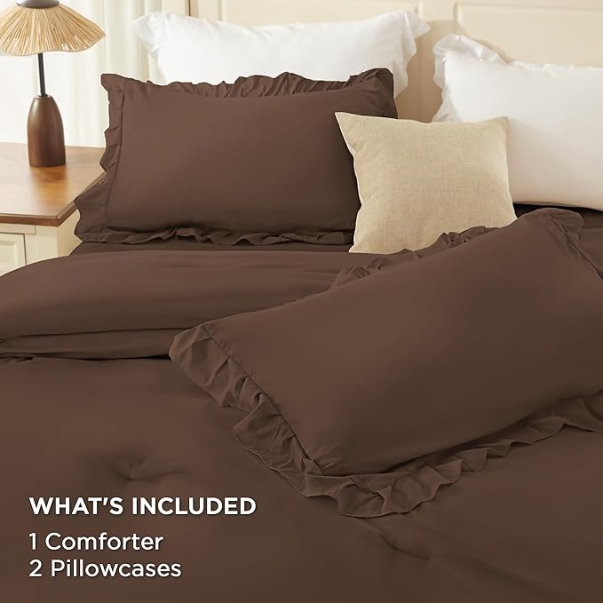 Andency Brown Oversized King Comforter Set (120x98Inch), 3 Pieces Ruffle Comforter Set with 2 Pillowcases, Farmhouse Shabby Chic Lightweight Fluffy Soft Microfiber All Season Bed Set