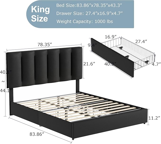 VECELO King Size Bed Frame with 4 Storage Drawers, Adjustable Height Headboard, Heavy-Duty Bedframe with Strong Wooden Slats, No Box Spring Needed, Black