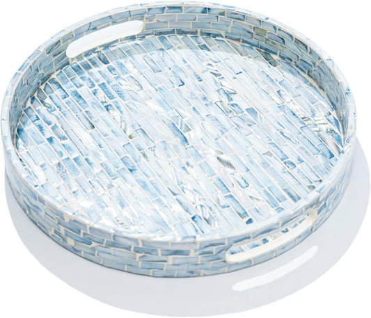 CLAYNIX Serving Tray 12.5 Inch, Wooden Lacquer Tray with Mother of Pearl Inlay, Elegant Tea & Breakfast Tray with Handles (Round)