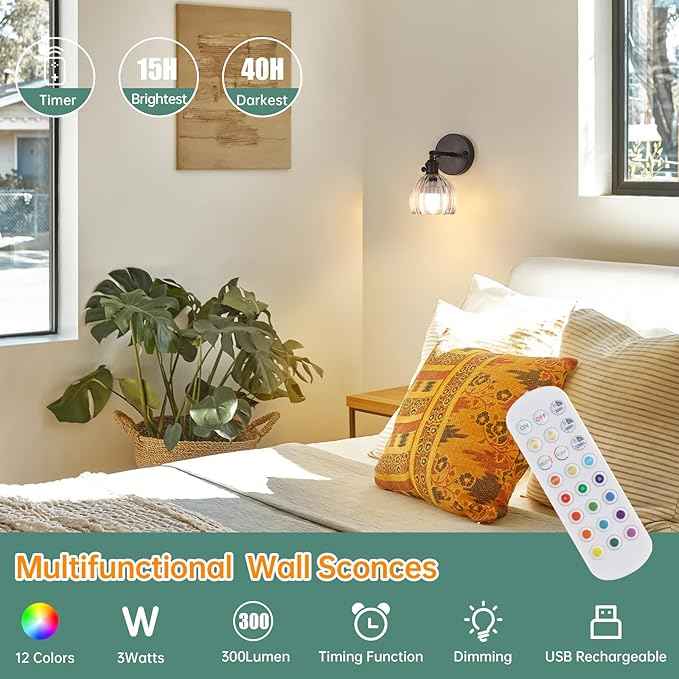 Vintage Battery Operated Wall Sconce with Transparent Tulip Glass Lampshade Rechargeable Battery Powered Black Wall Light with Remote Control for Bedside Bedroom Doorway