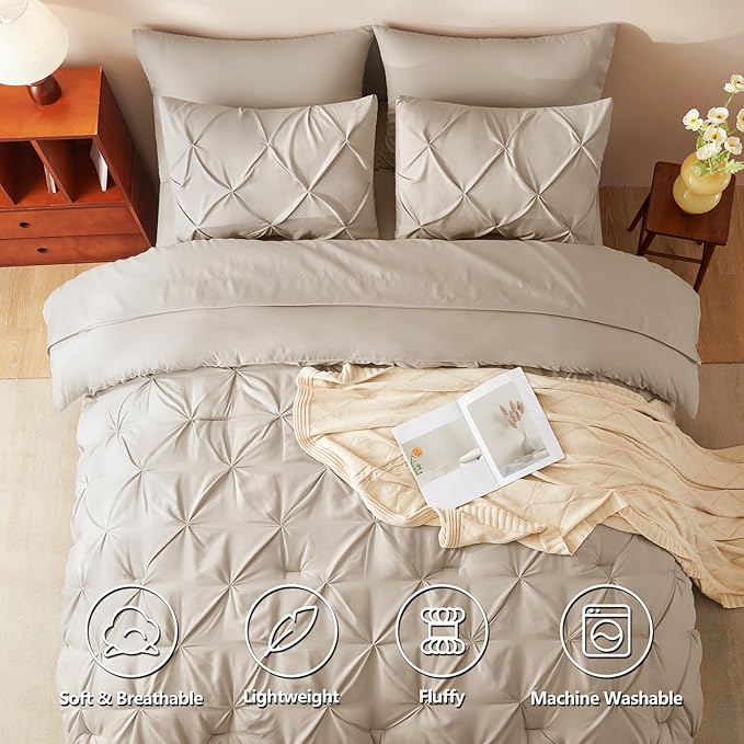 CozyLux Queen Comforter Set Wheat, 7 Pieces Pintuck Bed in A Bag, Premium Wheat Comforter Queen Size, Pinch Pleat Bedding Sets with Comforter, Sheets, Pillowcases & Shams