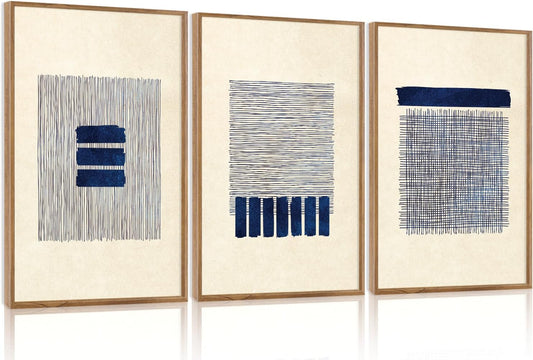 Aurlan Boho Christian Line Art Framed Wall Decor(16"x24"), 3PCS Minimalist Jesus Leavs the 99 Sheep Lamb Bible Story Canvas Artwork, Neutral Abstract Beige Navy Blue Religious Painting for Bedroom Living Room