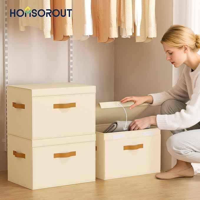Clothes Storage Bins with Window & Flap Closet Organizer with Handles, Decorative Basket for Home, Dorm, Beige