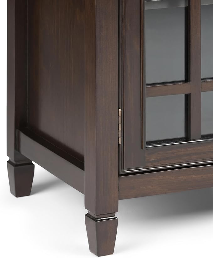 SIMPLIHOME Connaught Storage Cabinet - 46 inch Wide Solid Wood Low Storage Cabinet in Dark Chestnut Brown, Traditional Console for Living Room, Entryway, or Dining Room with Glass Doors and Shelves