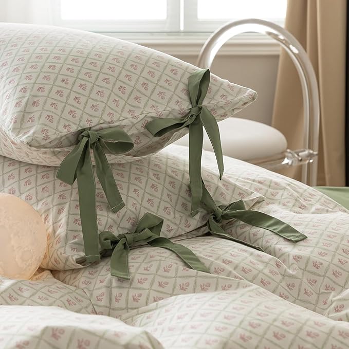 LifeTB Pink Flower Comforter Set Twin XL 3 Pieces Chic Plaid Grid Comforter with 2 Bow Ties Pillowcases Cute Botanical Cottagecore Bedding Set Girls Coquette Bedding Comforter Twin XL Comforter Set