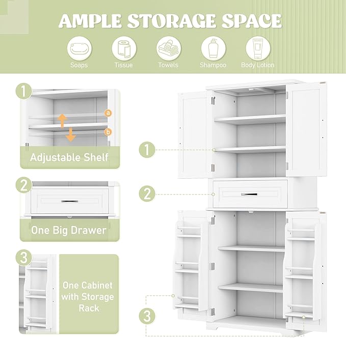 72" Storage Cabinet with Multi-Functional Rack Organizer, Tall Kitchen Cupboard Pantry for Home/Living Room/Office/Bathroom, Adjustable Shelf, White