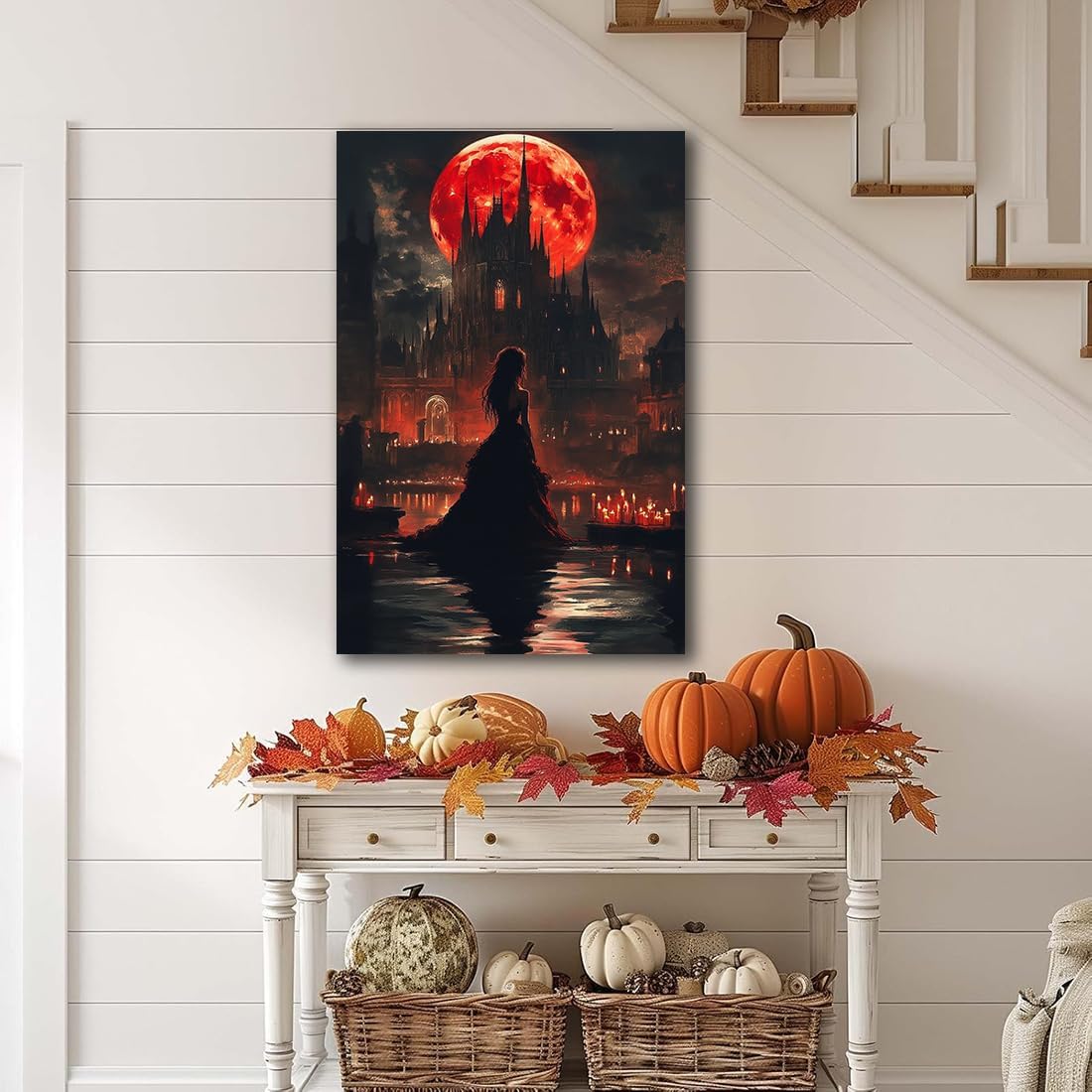 Halloween Witch Poster Canvas Prints Art Vintage Decor,Red Castle Blood Moon and Witch Scene Gothic Painting,Rustic Dark Academia Wall Art for Bathroom Spooky Living Room Wall Decor,8"x12" Framed