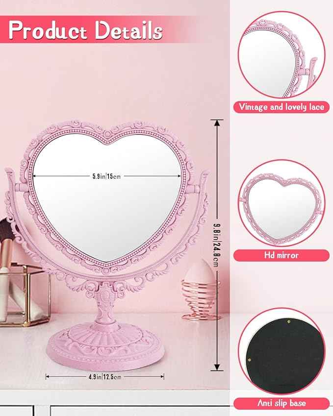 D&XQAUO Pink Heart Mirror for Desk Cute Coquette Room Decor Small with Stand,Vanity & Bathroom Double-Sided Rotating Makeup Table Mirror