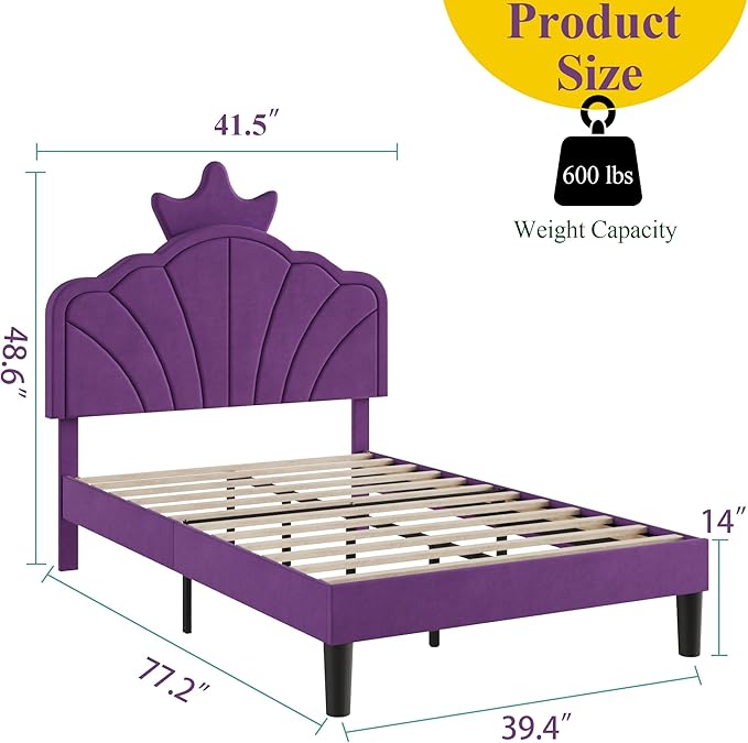 VECELO Twin Size Bed Frame with Crown Headboard, Upholstered Platform Bedframe with Strong Wood Slat Supports, No Box Spring Needed, Purple