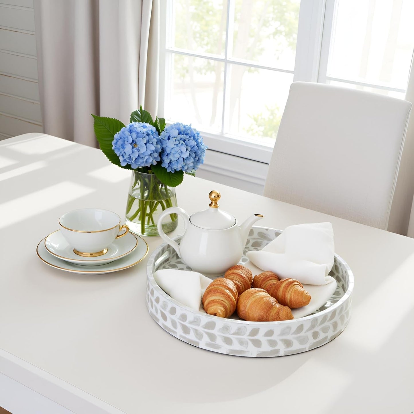 CLAYNIX Serving Tray 12.5 Inch, Lacquer Mother of Pearl Inlay Mosaic Tray, Round Wooden Marble Tray with Handles Trays for Tea, Breakfast (White)