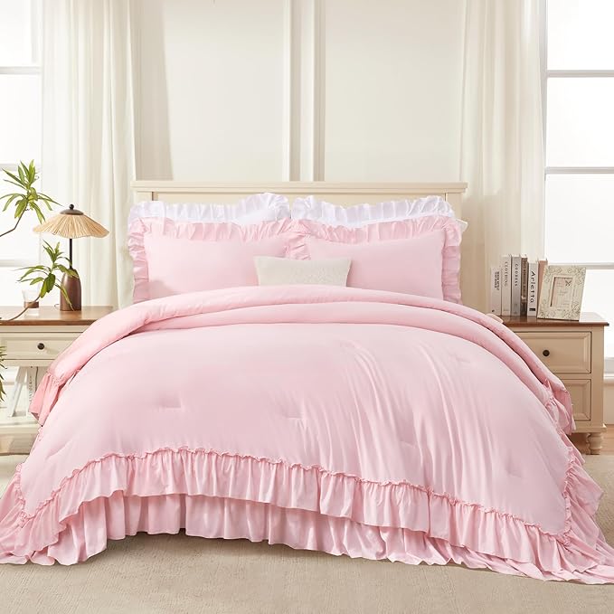 Andency Pink Ruffle Comforter Full Set, 3pcs Vintage Farmhouse Shabby Chic Bedding Comforter Set, Soft Lightweight Fluffy Bed Comforter Sets All Season Bedding Set