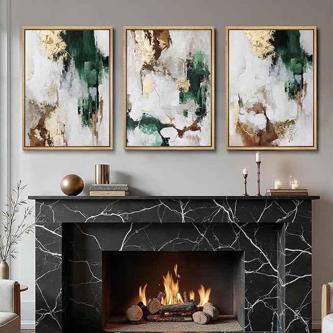 3Pcs Green and Gold Canvas Wall Art Abstract Posters Print Brown Abstract And Gray Line Pictures Decor for Living Room Bedroom Bathroom Home Decoration Unframed