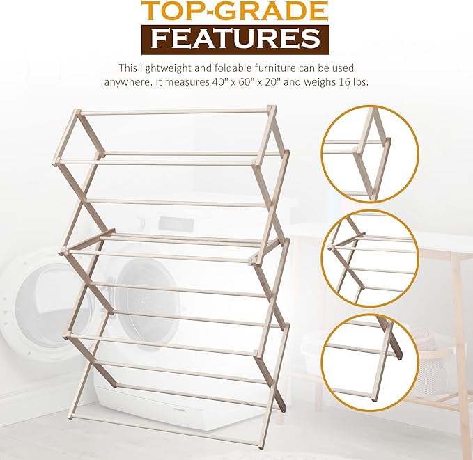 Peaceful Classics Wooden Laundry Rack - Amish Handmade Wooden Clothes Drying Rack - Foldable Drying Rack for Towel, Blanket, Linen Household Essentials - for Indoor Or Outdoor Use (38" x 30" x 13")