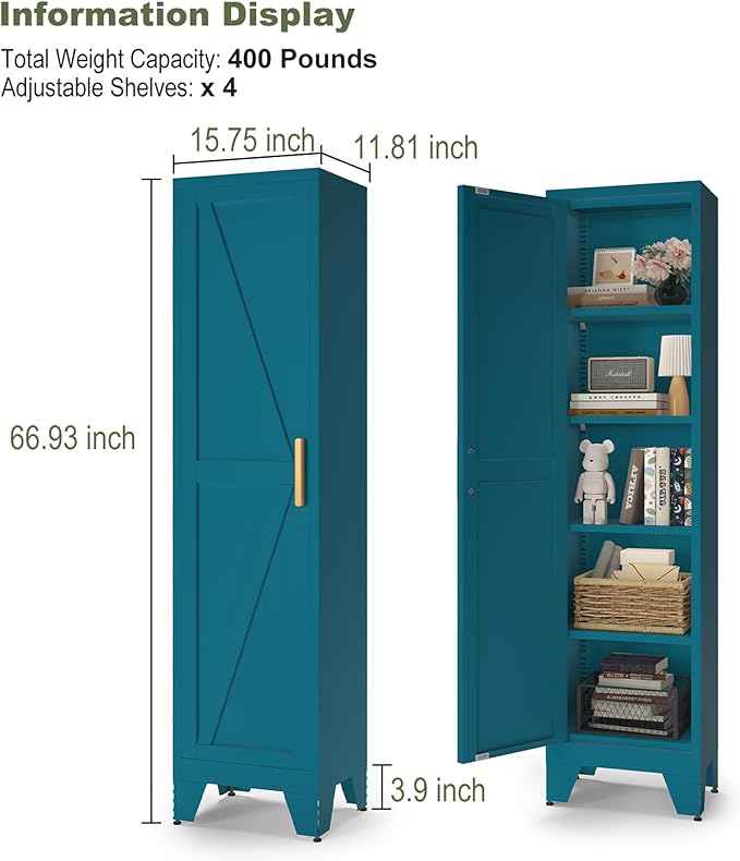 COFaR Tall Bathroom Cabinet, Metal Farmhouse Narrow Slim Storage Cabinet with Adjustable Shelves Barn Door for Bathrooms, Kitchens, Entrances Living Room (Blue)
