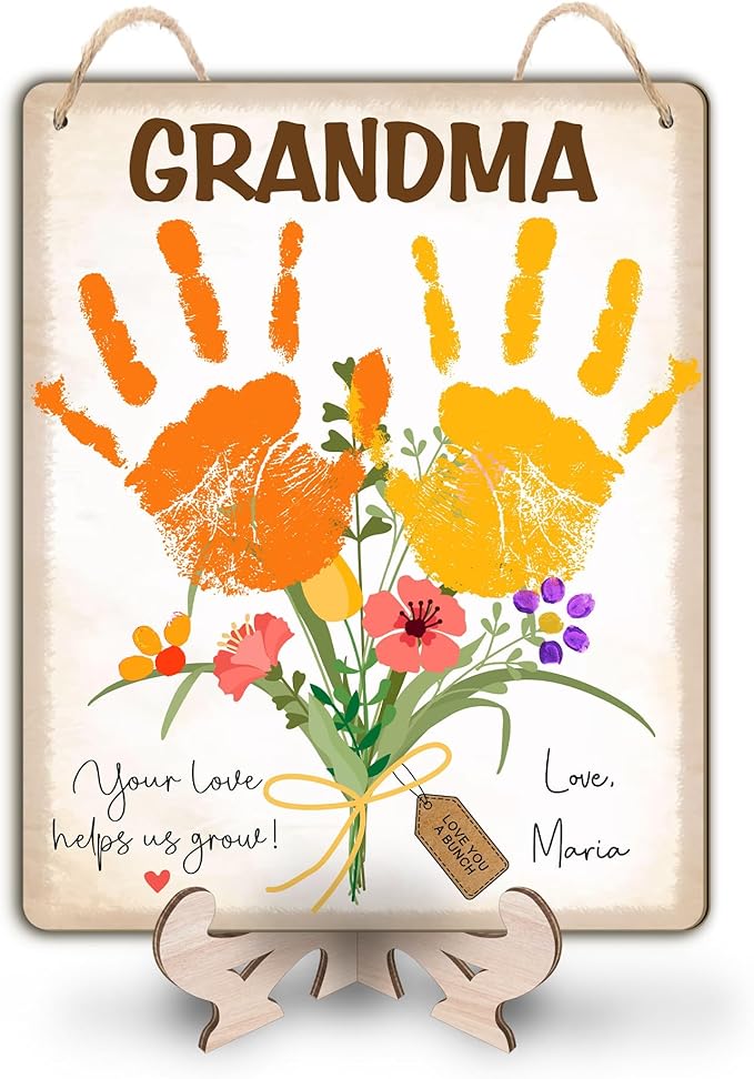 Custom DIY Baby Handprint Flowers Wooden Hanging Sign, Personalized Flowers for Grandma with Kids Handprint, Baby's First Mothers Day Gifts for Grandma, Kids Art Craft, Thanks for Helping Us Grow
