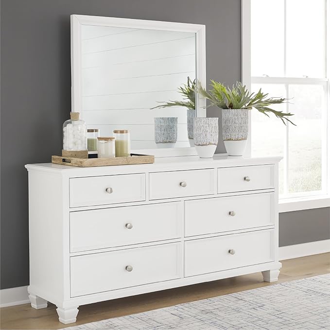 Signature Design by Ashley Fortman Casual Dresser and Mirror, Tapered Feet, 7 Storage Drawers, Round Satin Nickel Metal Knobs, Wood, 74.13" High, White