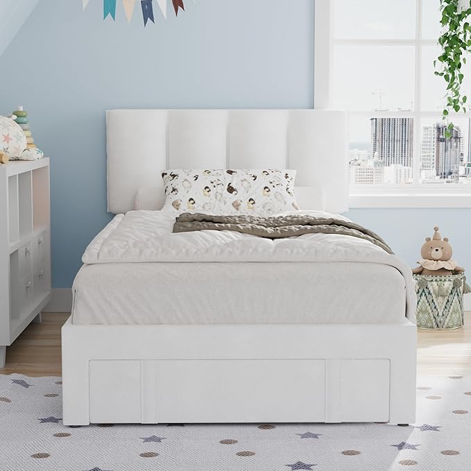 VECELO Twin Bed Frame with Storage Drawer, Heavy-Duty Platform Bedframe with Headboard & Strong Wooden Slats Support, No Boxing Spring Needed, Pure White