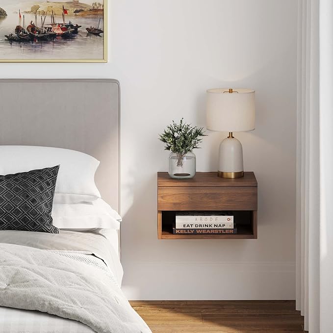Nathan James Jackson Wall Mounted Floating Bedroom Nightstand with Storage Drawer and Modern Open Shelf Cubby, Dark Brown Walnut