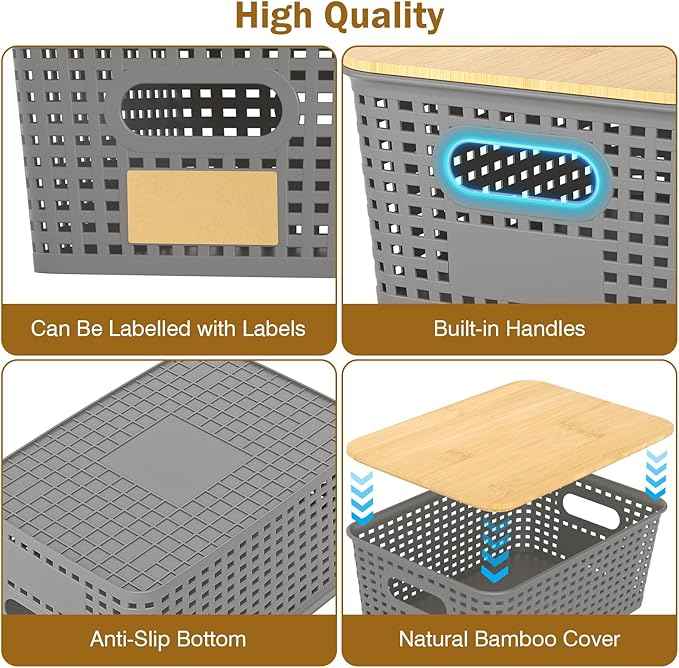 Stackable Storage Basket: Plastic Baskets Bins, Baskets for Organizing, Pantry Decorative Containers for Closets, Cabinets, Shelves(8 Pack, Grey)