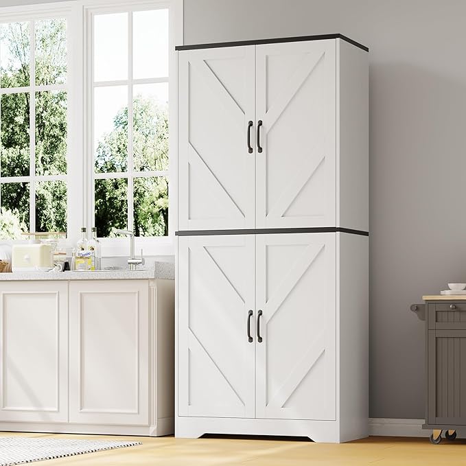 IDEALHOUSE 70" Kitchen Pantry Storage Cabinet, Farmhouse Kitchen Cabinet with 4 Doors & 3 Adjustable Shelves, Freestanding Cupboard for Dining Room,Living Room,White