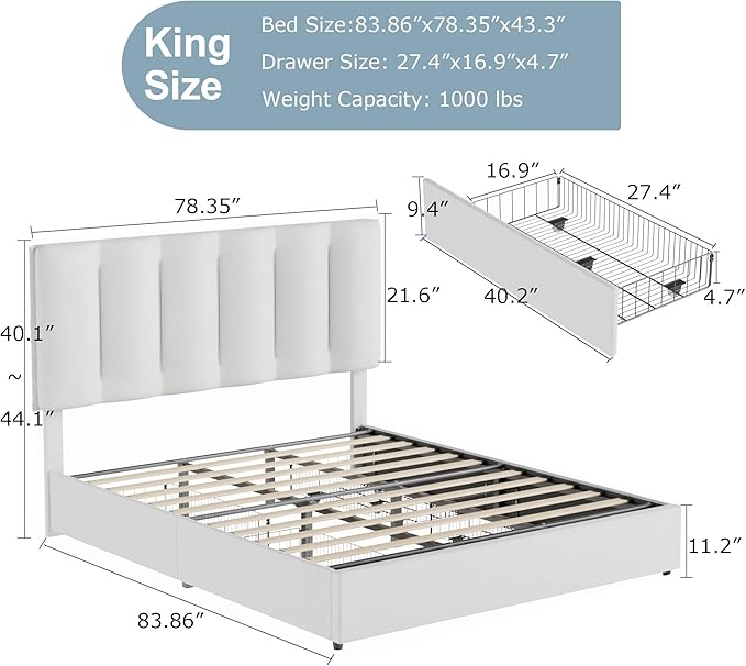 VECELO King Size Bed Frame with 4 Storage Drawers, Adjustable Height Headboard, Heavy-Duty Bedframe with Strong Wooden Slats, No Box Spring Needed, Pure White