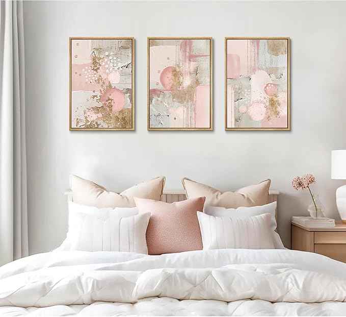3Pcs Pink and Gold Canvas Wall Art Abstract Posters Print Geometric Pictures Decor for Living Room Bedroom Bathroom Home Decoration UnFramed