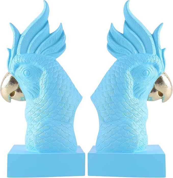 Blue Parrot Decorative Bookends,Set of 2 Cute Bird Animal Sculpture Book Ends to Hold Hevay Duty Books,Unique Resin Statues Book Stopper for Home Office Desk Bookshelf Decor