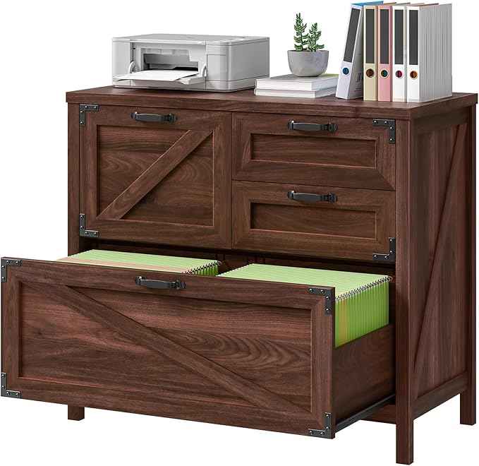 Vabches 4-Drawer Wood Lateral File Cabinet for Hanging Files Letter/A4/Legal Size, Large Farmhouse File Cabinets for Home Office, Printer Stand with Office Cabinet, Rustic Brown