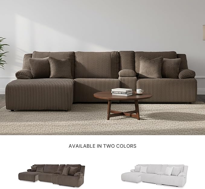 Signature Design by Ashley Top Tier Casual Manual Left-Arm Facing 4-Piece Reclining Sectional with Chaise, Console, Storage, 2 Cup Holders and 4 Accent Pillows, Dark Brown