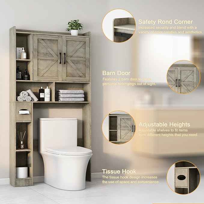 Vabches Over The Toilet Storage Cabinet, Farmhouse Storage Cabinet Over Toilet with 2 Barn Door & Toilet Paper Holder Stand，Home Space-Saving Toilet Rack, for Bathroom, Restroom, Laundry