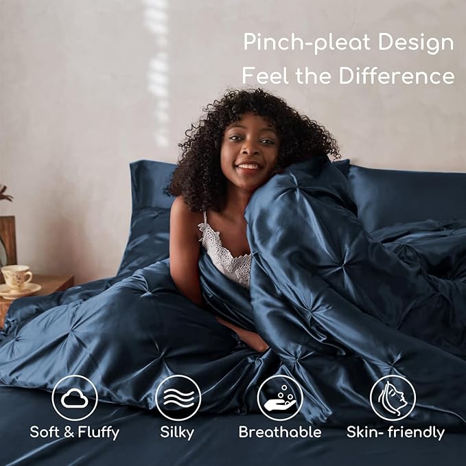 MR&HM Satin Comforter Queen 7 Pieces - Luxurious Pinch Pleat Bedding Set with Comforter, Flat Sheet, Fitted Sheet, Pillowcases & Shams, Super Silky Soft Bed Set for All Season (Queen, Mood Indigo)
