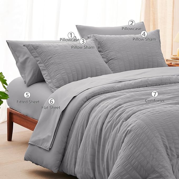 CozyLux King Size Comforter Set Grey Seersucker 7 Pieces Bed in a Bag King Comforter Set with Sheets, Gray Luxury Bedding Set with Down Alternative Comforter, Sheets, Pillowcases & Shams All Seasons