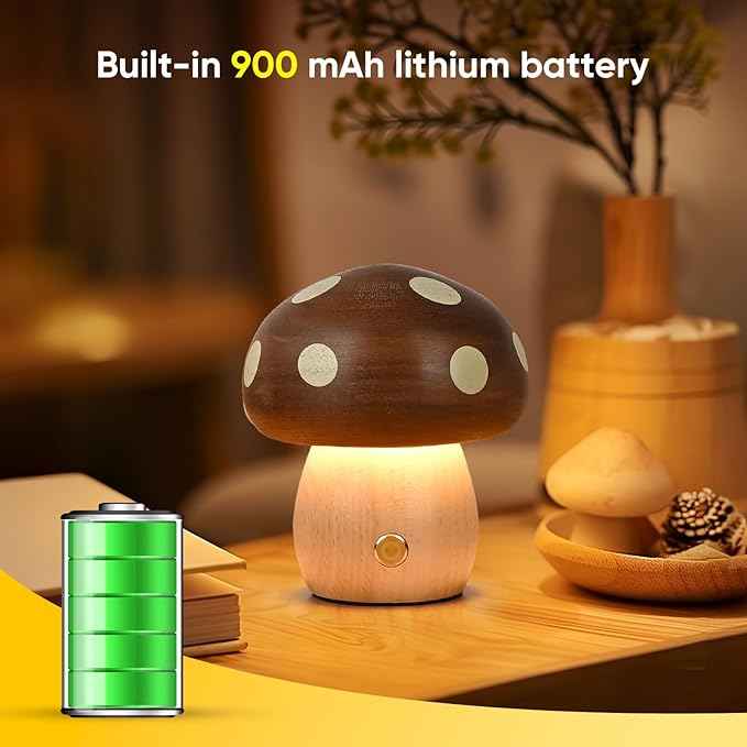 2Pack Wood Small Mushroom Table Lamp, LED Rechargeable Cordless Touch Bedside Lamps, Wireless Stepless Dimming Night Light, Portable Battery Lamp for Bedroom Nightstand for Birthday Gifts