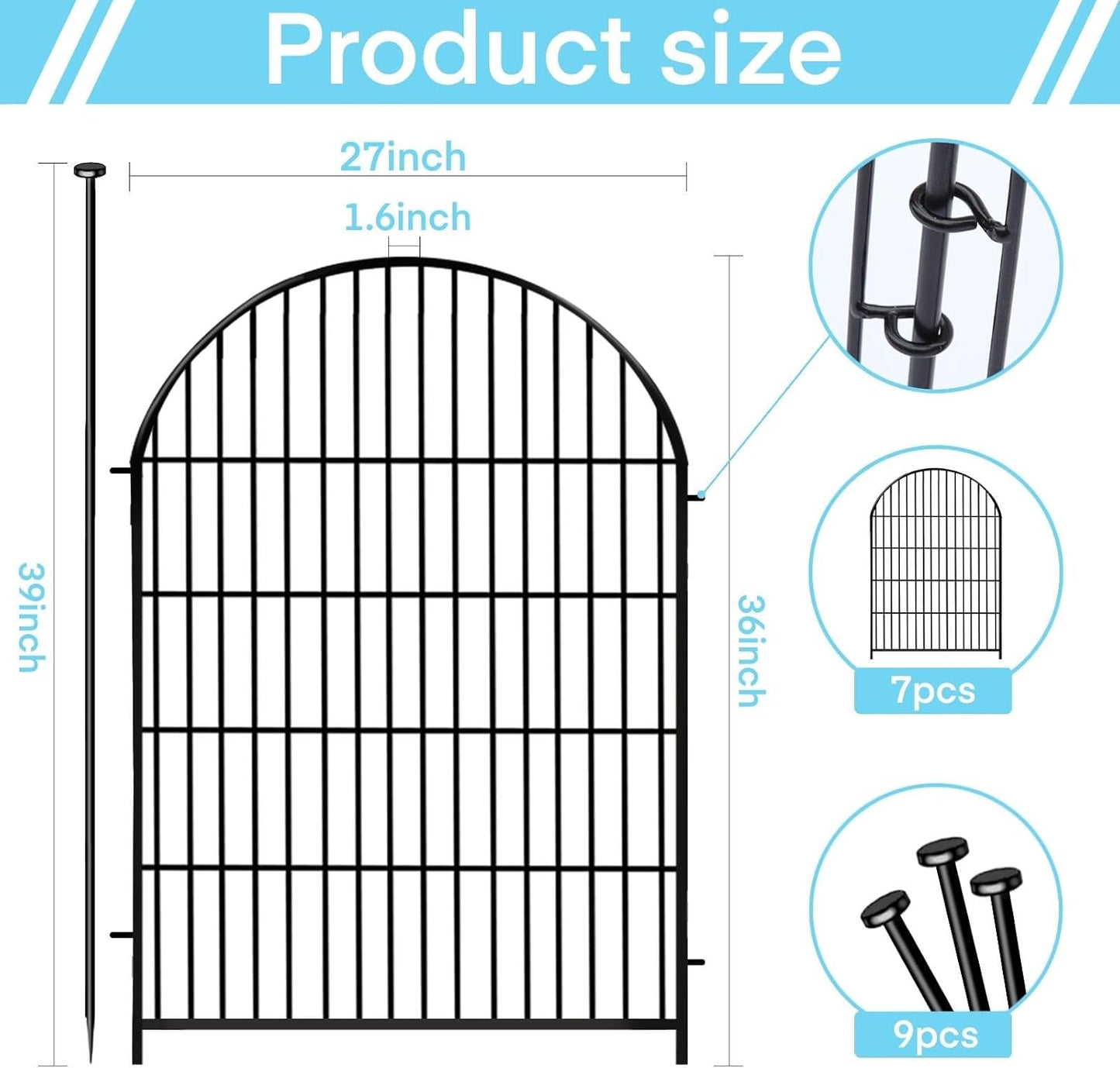 Garden Fence Border, 36 in(H) x17.5 Ft(L) 8 Panels, Tall Garden Animal Barrier Fence with Gate, Dog Fence Outdoor for Yard, Arched Rustproof Metal No Dig Fence, Flower Bed Fencing