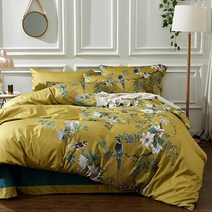 Garden Style Birds Flower Comforter Set Full Size Vintage Floral Boho Bedding Comforter Set Vibrant Color Flower Botanical Comforter with 2 Pillowcases Chic Farmhouse Bedding Comforter for All Season