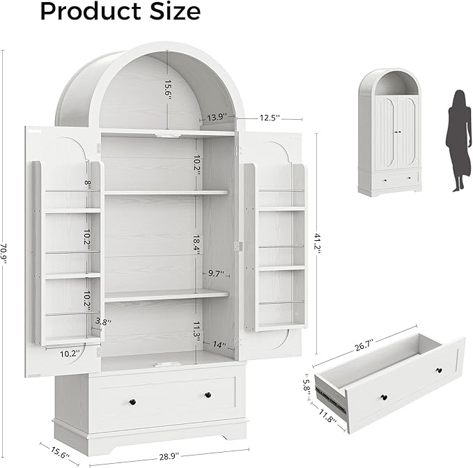 IRONCK 70.9" Tall Arched Kitchen Pantry, Kitchen Cabinet with Large Drawer, Adjustable Shelves, Arched Open Shelving, 2 Doors with Storage Shelves, Modern Versatile Cupboard for Kitchen, Dining Room