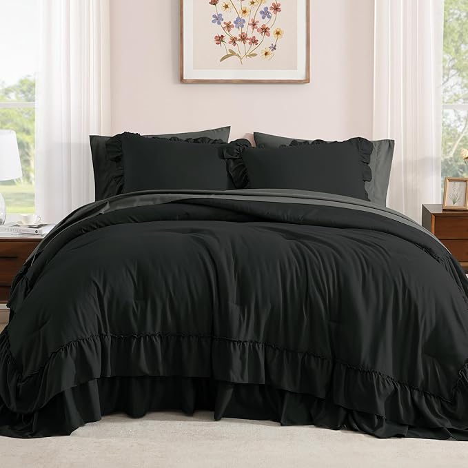 Full Comforter Set Black, Ruffle Shabby Chic Bedding Set Farmhouse 7 Pieces, All Season Fluffy Bed in a Bag with Sheets, Pillowcases & Shams
