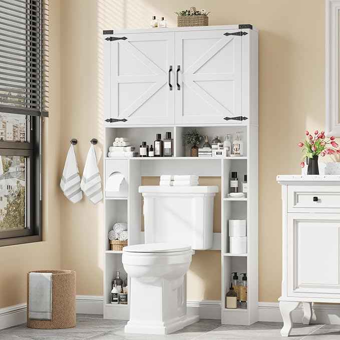 Vabches Over The Toilet Storage Cabinet, Farmhouse Storage Cabinet Over Toilet with 2 Barn Doors ，Toilet Paper Holder Stand，Home Space-Saving Toilet Rack, for Laundry, Restroom, Bathroom.White.