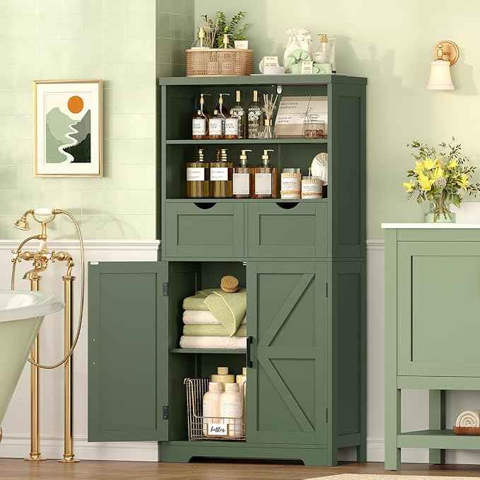 TEENFON Bathroom Cabinet with Adjustable Shelf & 2 Drawers, Farmhouse Storage Cabinet with 2 Doors, Kitchen Storage Cabinets for Living Room, Entryway, Home Office, Forest Green