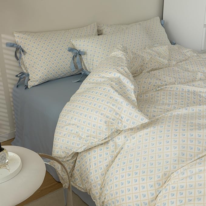 LifeTB Botanical Flower Comforter Set King Size Chic Blue Floral Bedding Comforter Vintage Style King Bed Comforter with 2 Bow Tie Pillowcases Boho Farmhouse Bedding Floral Aesthetic Comforter Set