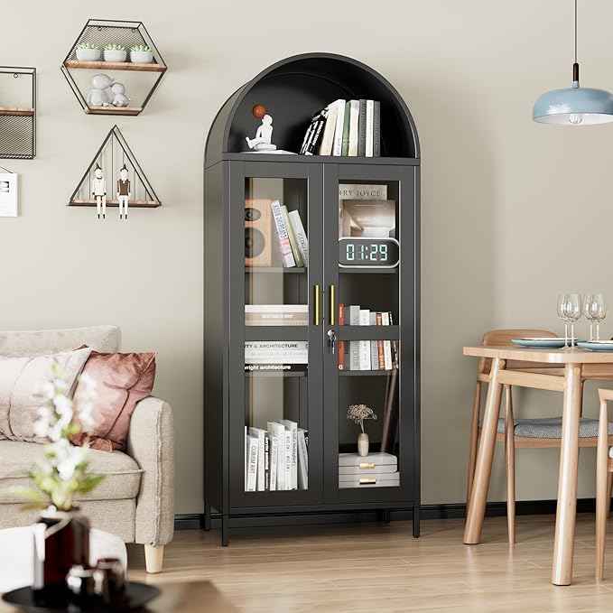 Metal Arched Cabinet with Lock,Arched Display Cabinet with Glass Doors and Shelves,Kitchen Pantry Cabinet for Dining Room, Home,Assembly Required (Black)