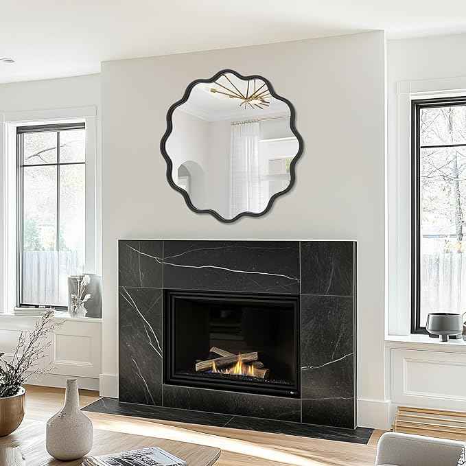 PROHOMEWARE Black Round Mirror 28 Inch Wavy Bathroom Vanity Mirror Gold Frame Modern Wall Mirror Decorative Wall-Mounte Anti-Rust, Tempered Glass