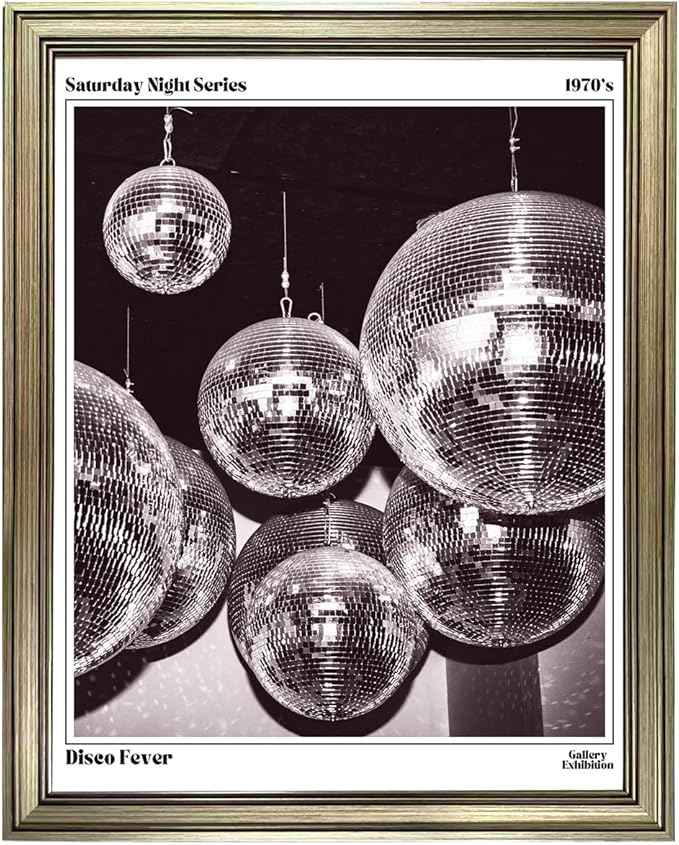 Disco Ball Music Wall Art, Vintage Framed Print Posters for Room Aesthetic Decor, Trendy Retro 70s Decor Funky Wall Art, Preppy Bar Cart Canvas Artwork
