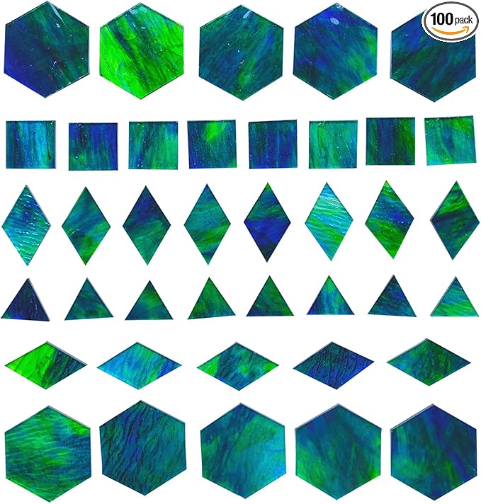 100pcs Stained Glass Mosaic Tiles - 1 Inch Each Side Dark Green & Blue Mixed Shapes (Triangle, Diamond, Square, Hexagon) for Crafts, Precut Glass Pieces, Mosaic Kits for Adults
