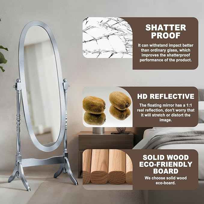 Full Length Mirror with Stand, Vintage Style Wood Floor Cheval Mirror, Traditional Adjustable Free Standing Mirrors Full Length (Silver)