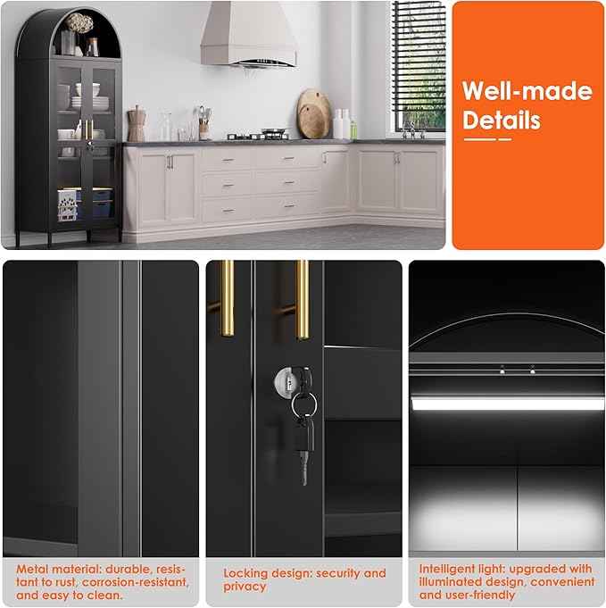 Metal Arched Bookcase Cabinet with 3 LED Strips,Lockable Arched Display Cabinet with Glass Doors for Living Room, Home,Office, Assembly Required (Black)